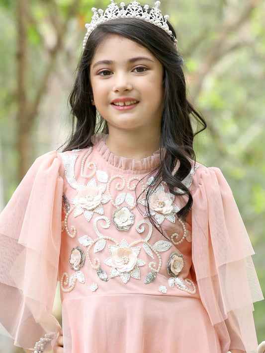 Elegant Pearl & Floral Embroidered Party Dress (with Matching Doll Outfit)