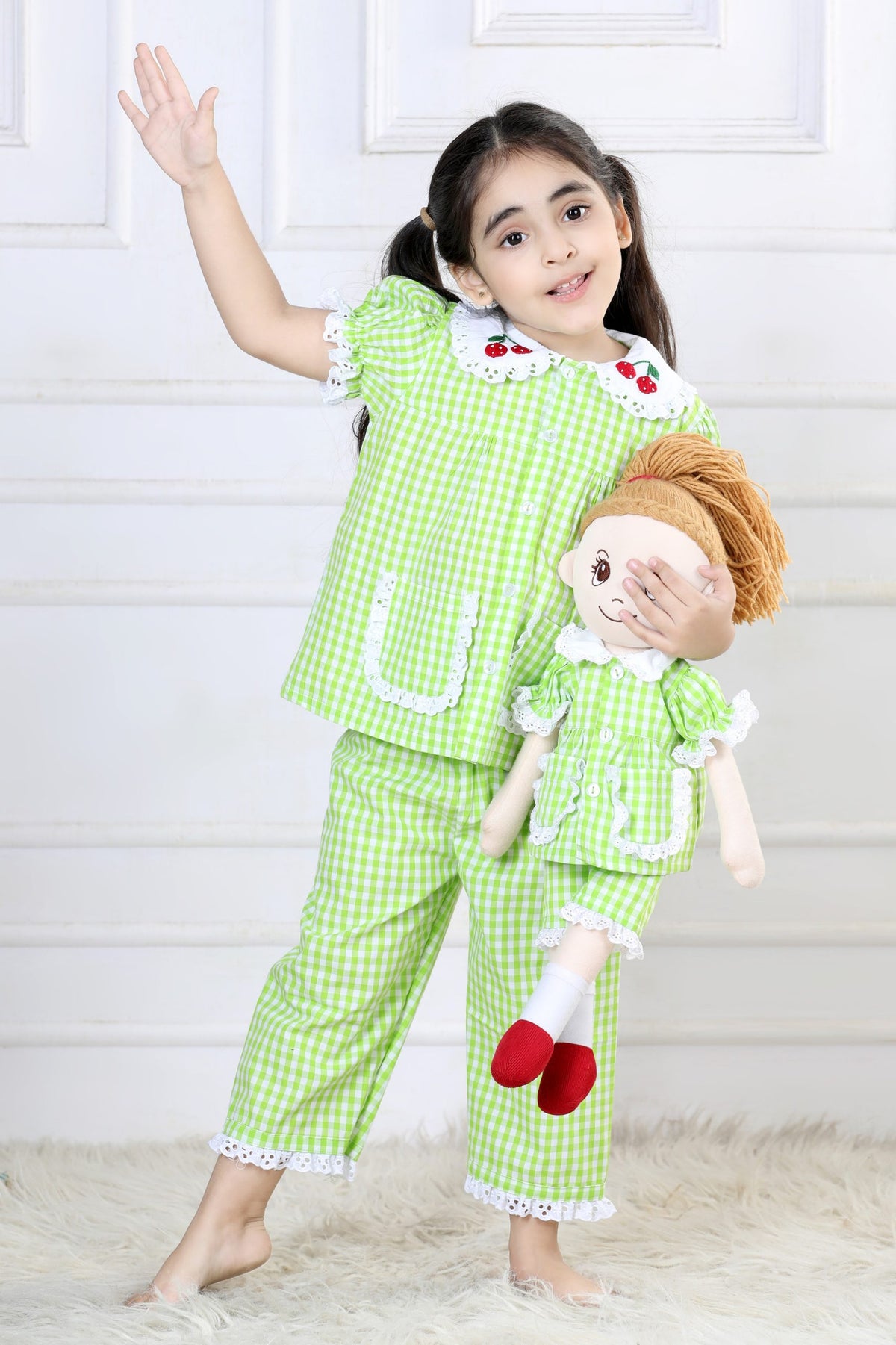 Vibrant Lime Gingham Capri Sleepwear Set (with Matching Doll Outfit)