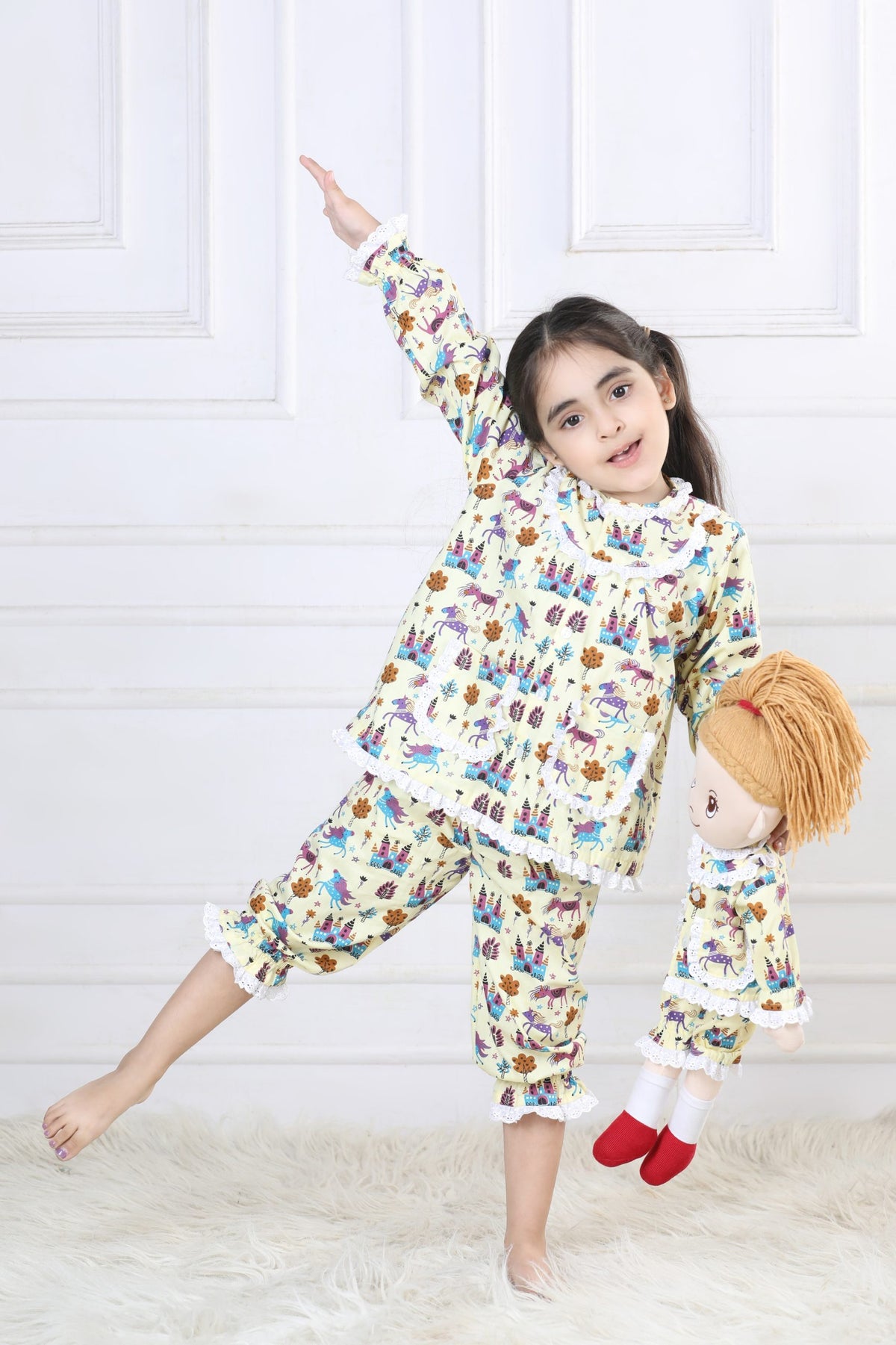 Fairytale Castle & Unicorn Capri Sleepwear Set (with Matching Doll Outfit)