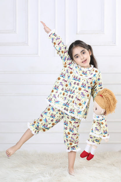 Fairytale Castle & Unicorn Capri Sleepwear Set (with Matching Doll Outfit)