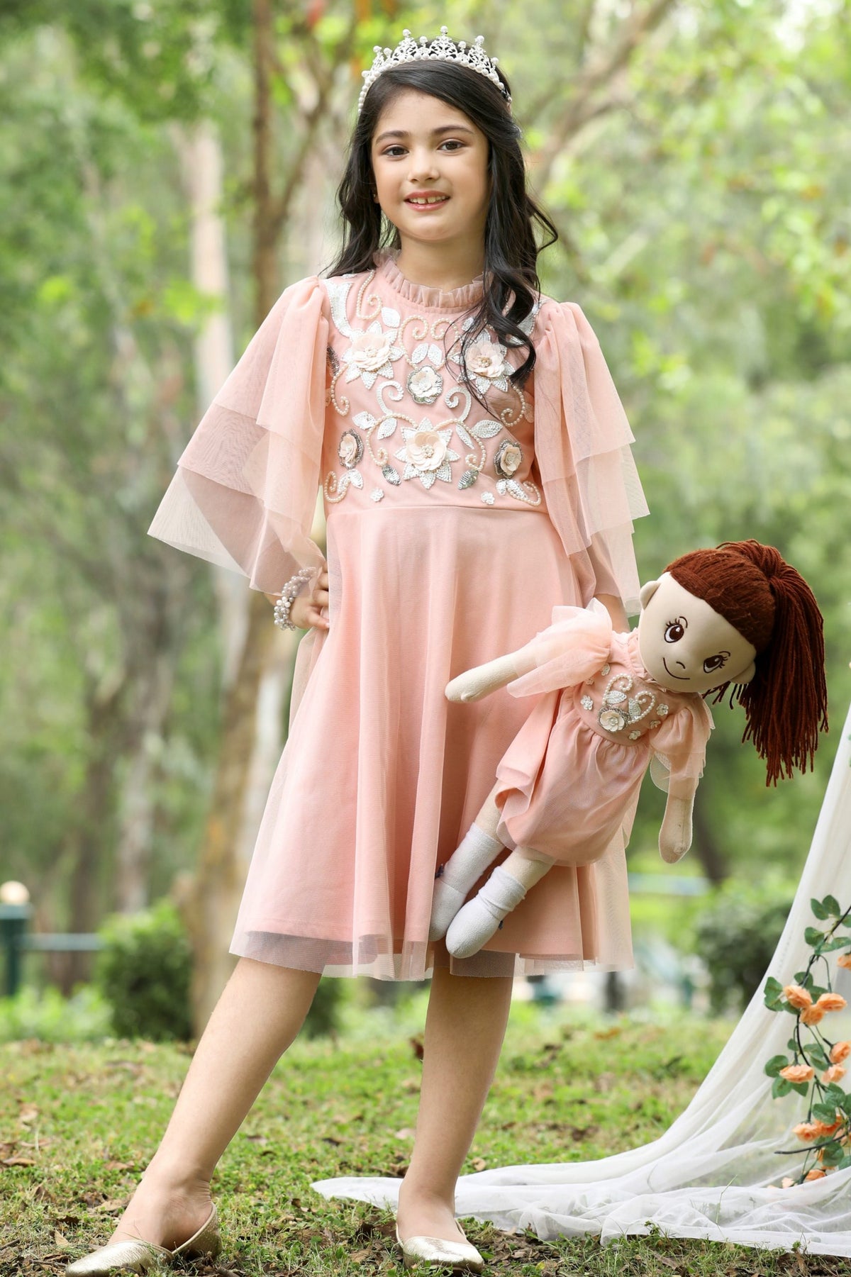 Elegant Pearl & Floral Embroidered Party Dress (with Matching Doll Outfit)
