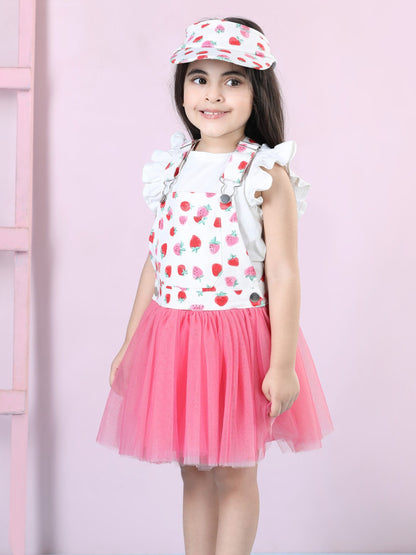 Strawberry Bliss Dungaree Net Dress Cord Set (with Matching Sun Hat)