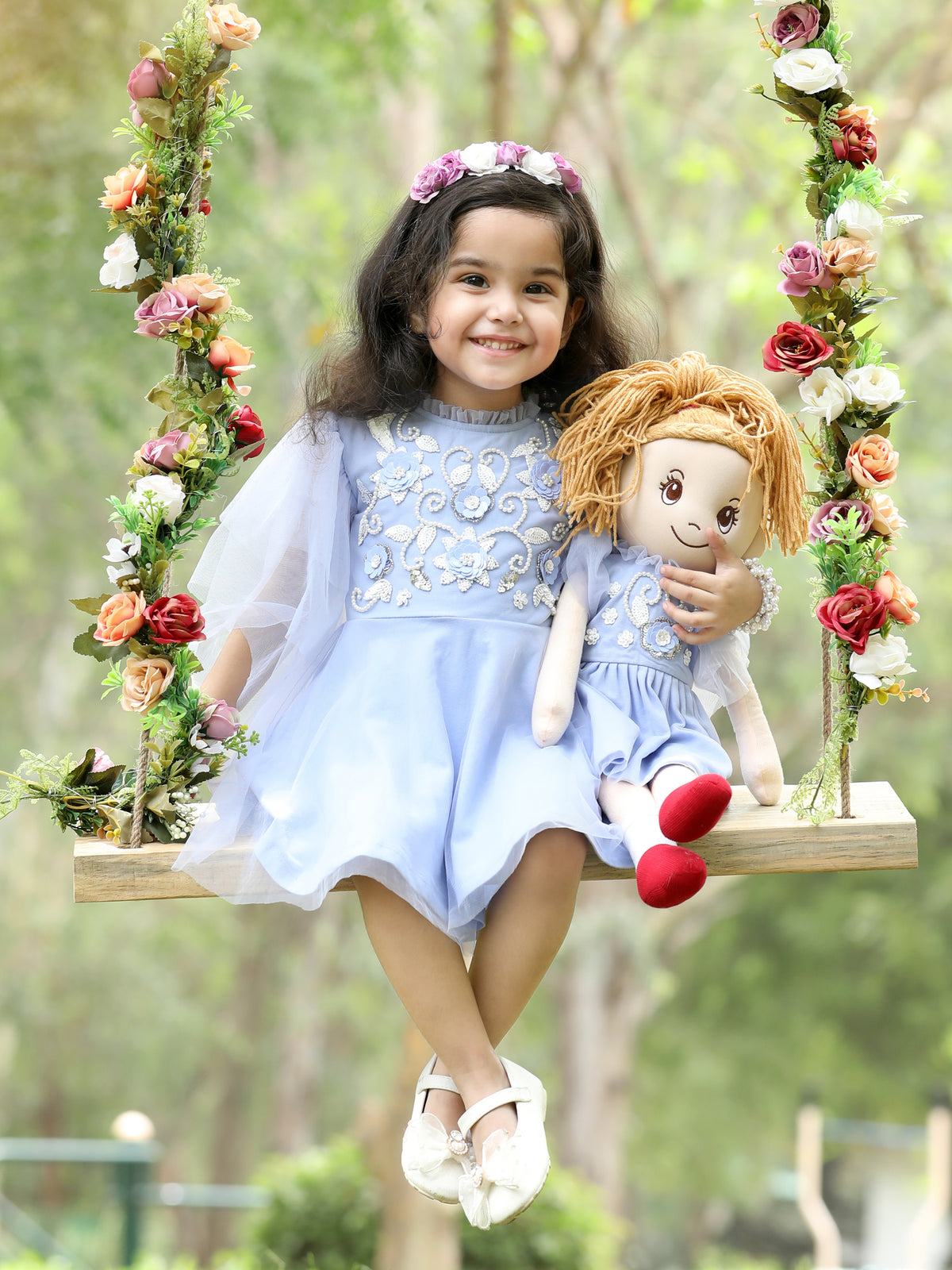 Lavender Pearl & Floral Embroidered Party Dress (with Matching Doll Outfit)