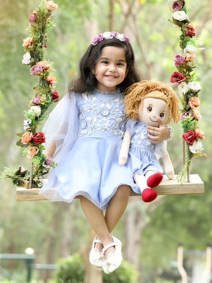 Lavender Pearl & Floral Embroidered Party Dress (with Matching Doll Outfit)