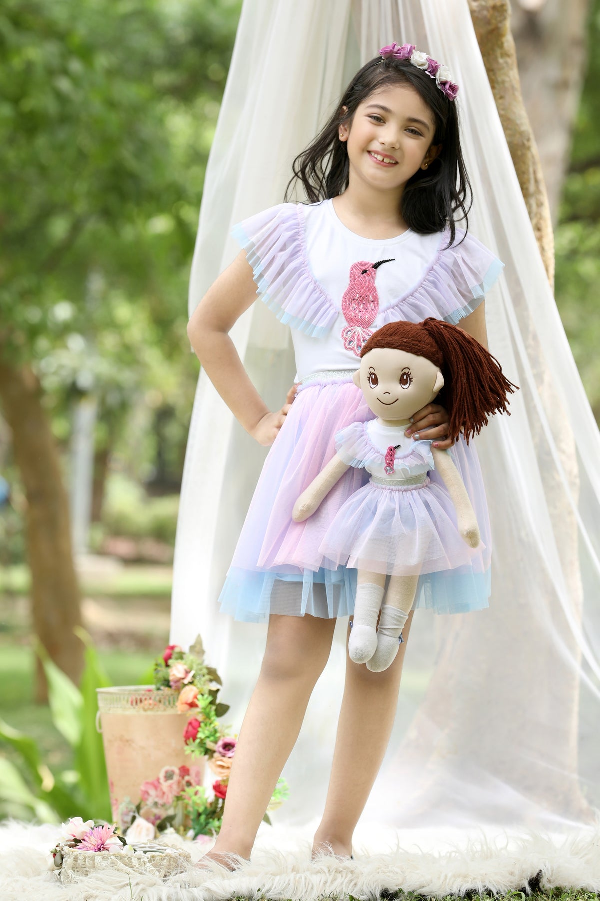 Enchanted Hummingbird Beaded Pastel Pink & Blue Tulle Skirt and Top Set (with Matching Doll Outfit)