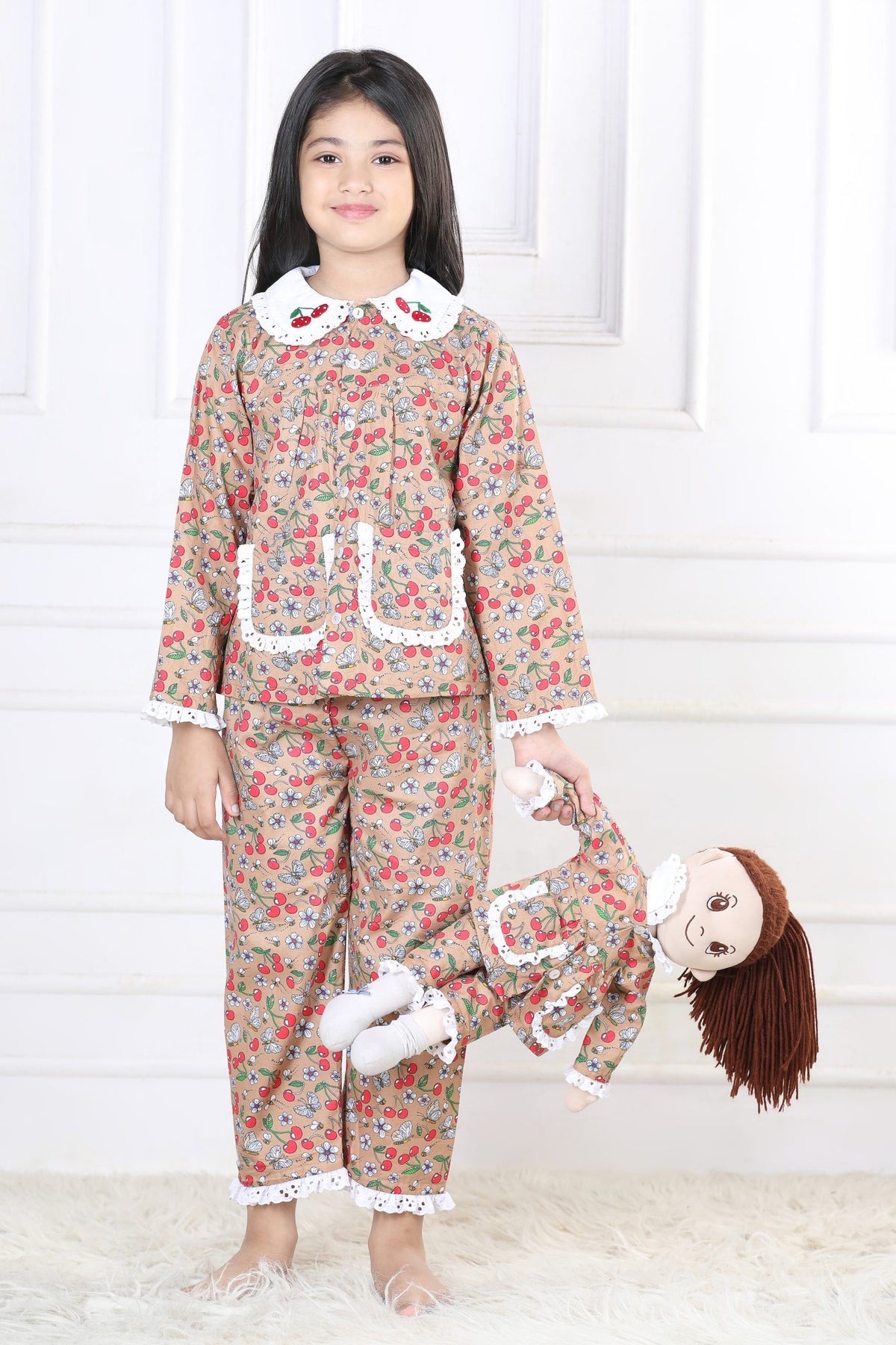 Sweet Cherry & Butterfly Sleepwear Set (with Matching Doll Outfit)