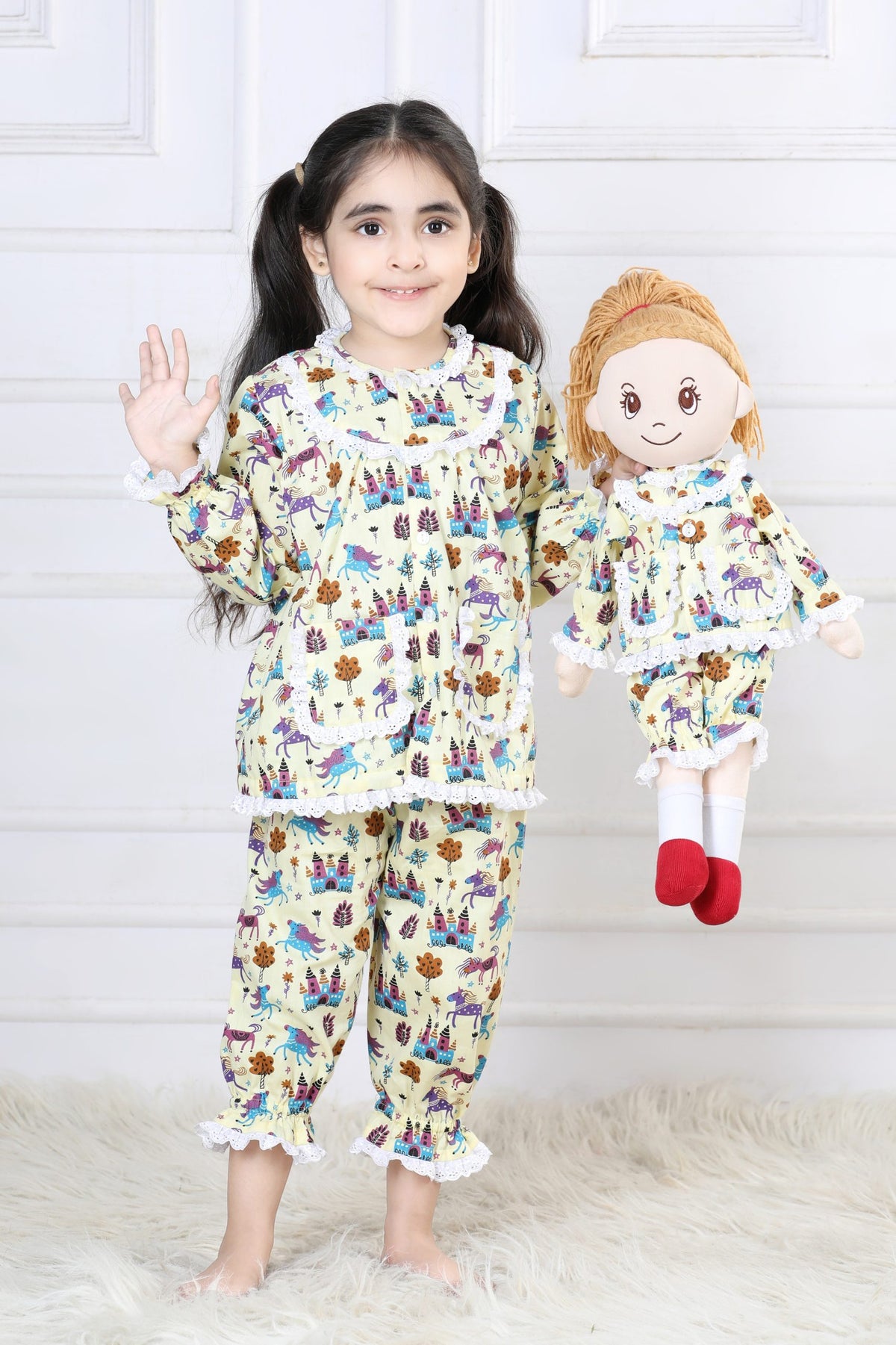 Fairytale Castle & Unicorn Capri Sleepwear Set (with Matching Doll Outfit)