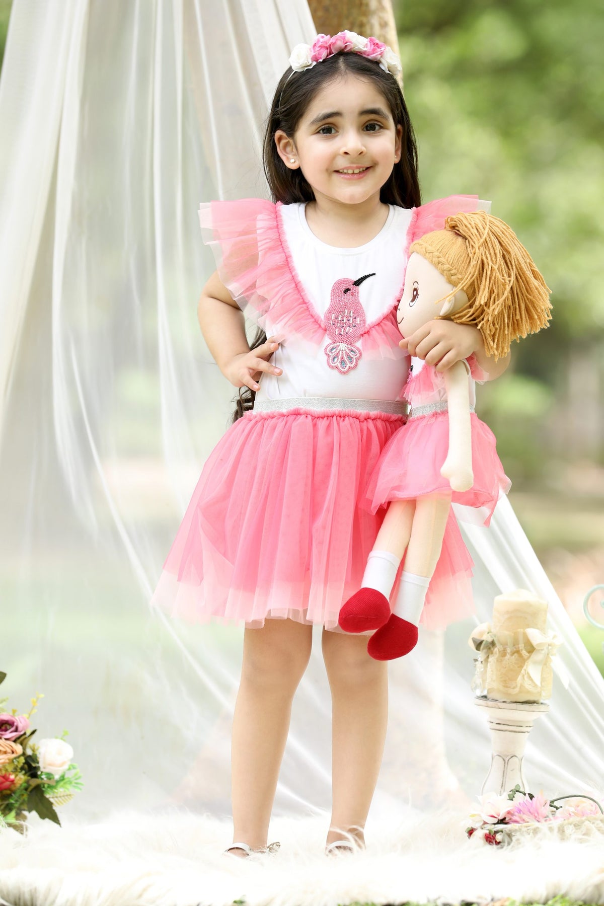 Enchanted Hummingbird Beaded Pink Tulle Skirt and Top Set (with Matching Doll Outfit)