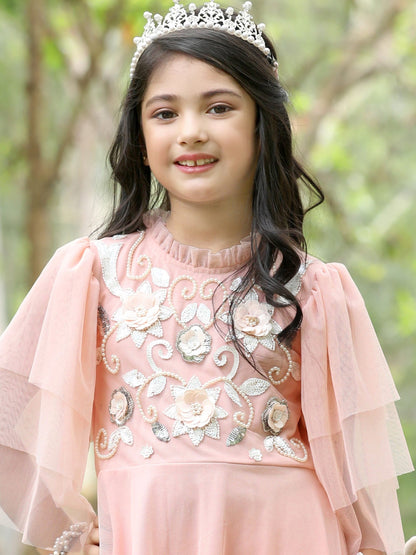 Elegant Pearl & Floral Embroidered Party Dress (with Matching Doll Outfit)