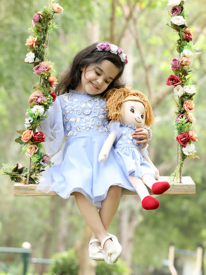 Lavender Pearl & Floral Embroidered Party Dress (with Matching Doll Outfit)