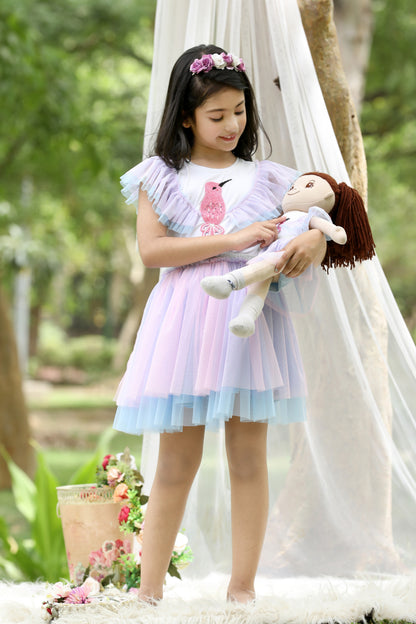 Enchanted Hummingbird Beaded Pastel Pink & Blue Tulle Skirt and Top Set (with Matching Doll Outfit)