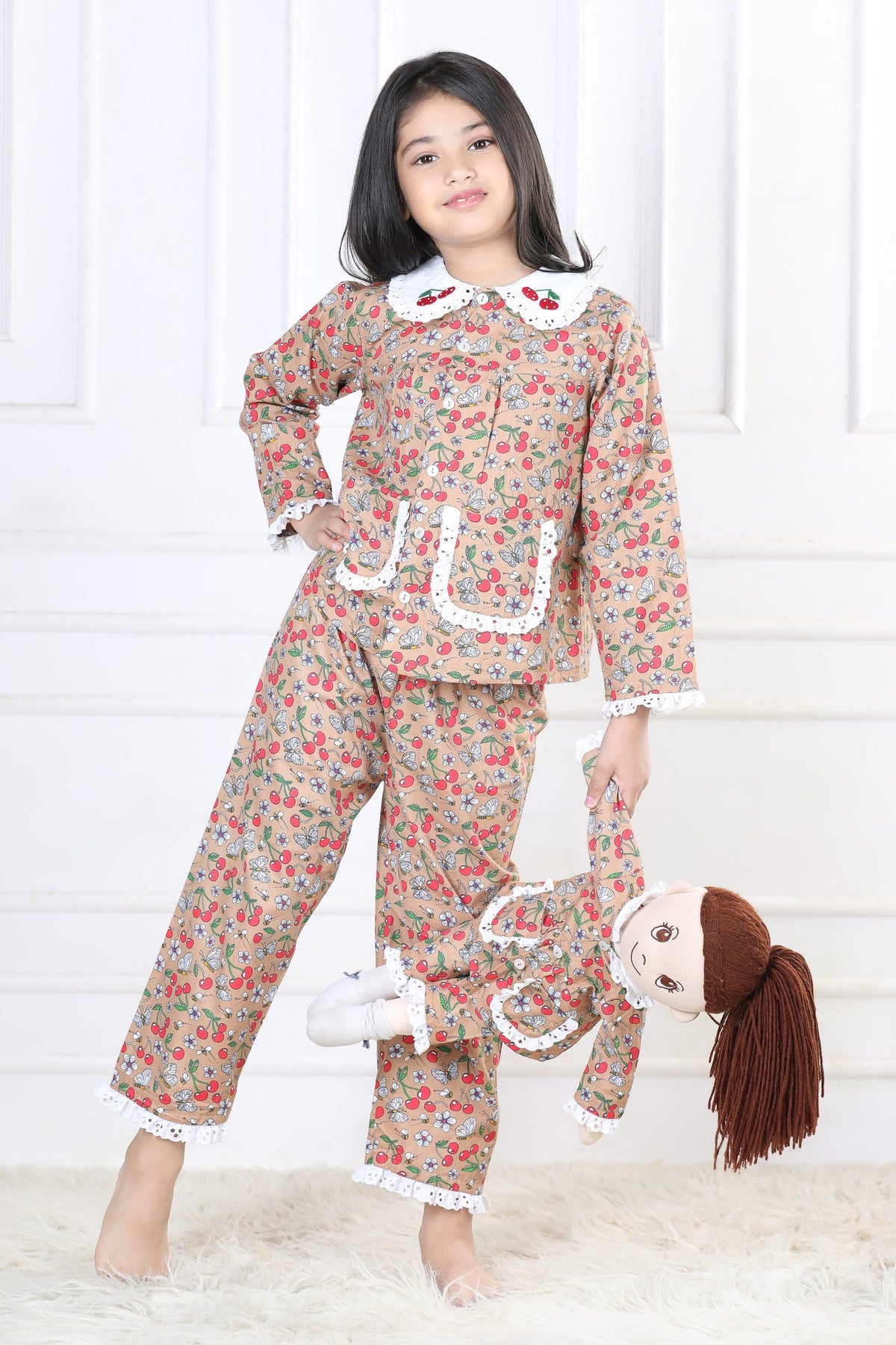 Sweet Cherry & Butterfly Sleepwear Set (with Matching Doll Outfit)