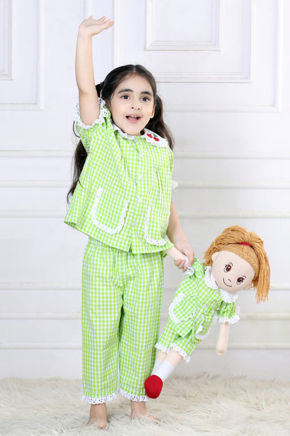 Vibrant Lime Gingham Capri Sleepwear Set (with Matching Doll Outfit)