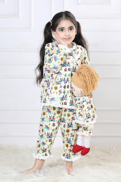 Fairytale Castle & Unicorn Capri Sleepwear Set (with Matching Doll Outfit)