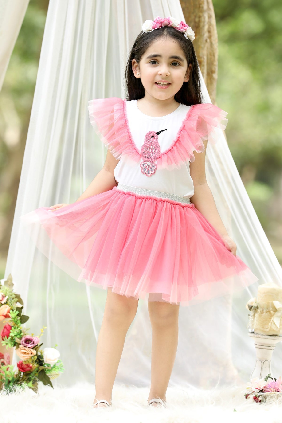 Enchanted Hummingbird Beaded Pink Tulle Skirt and Top Set (with Matching Doll Outfit)