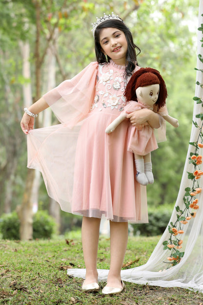 Elegant Pearl & Floral Embroidered Party Dress (with Matching Doll Outfit)