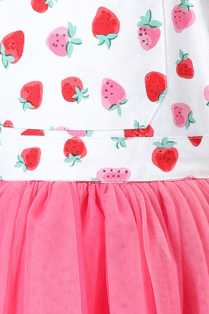 Strawberry Bliss Dungaree Net Dress Cord Set (with Matching Sun Hat)