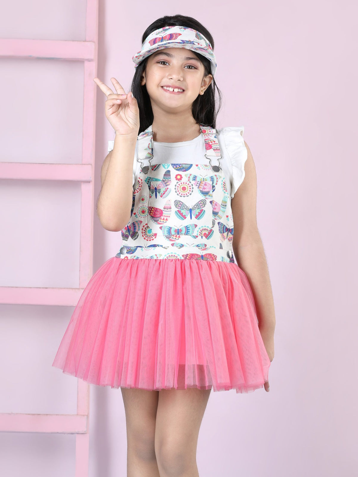 Fluttering Butterfly Dungaree Net Dress Cord Set (with Matching Sun Hat)