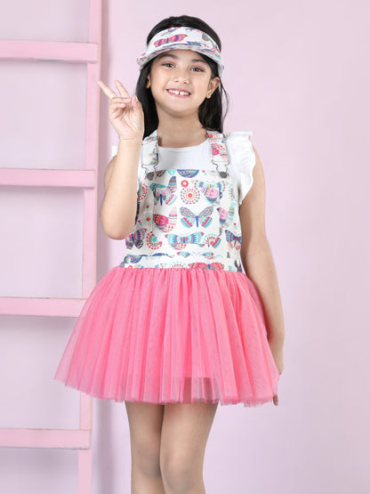 Fluttering Butterfly Dungaree Net Dress Cord Set (with Matching Sun Hat)