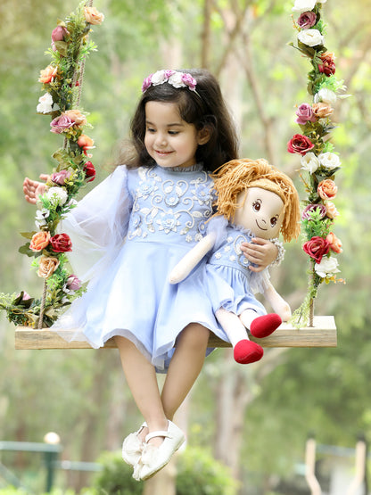 Lavender Pearl & Floral Embroidered Party Dress (with Matching Doll Outfit)