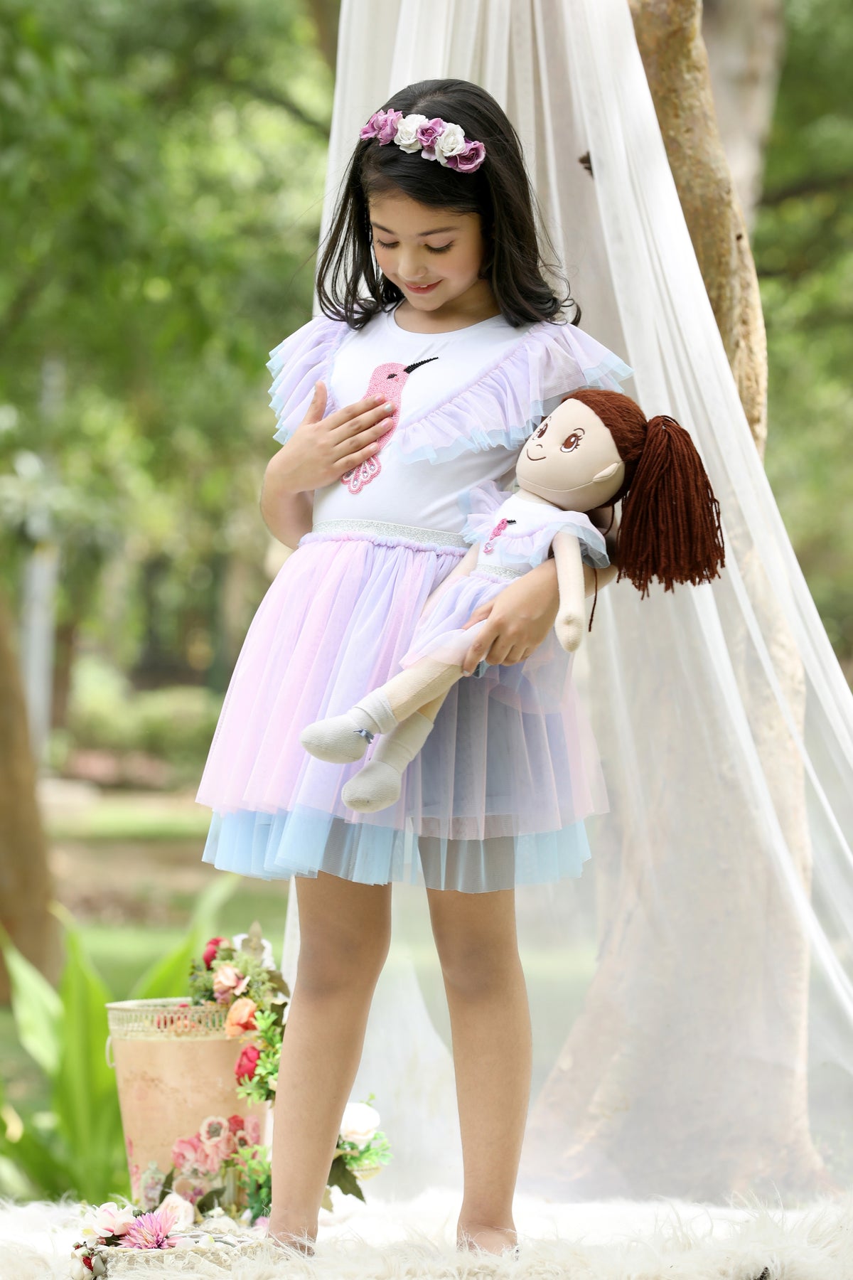 Enchanted Hummingbird Beaded Pastel Pink & Blue Tulle Skirt and Top Set (with Matching Doll Outfit)