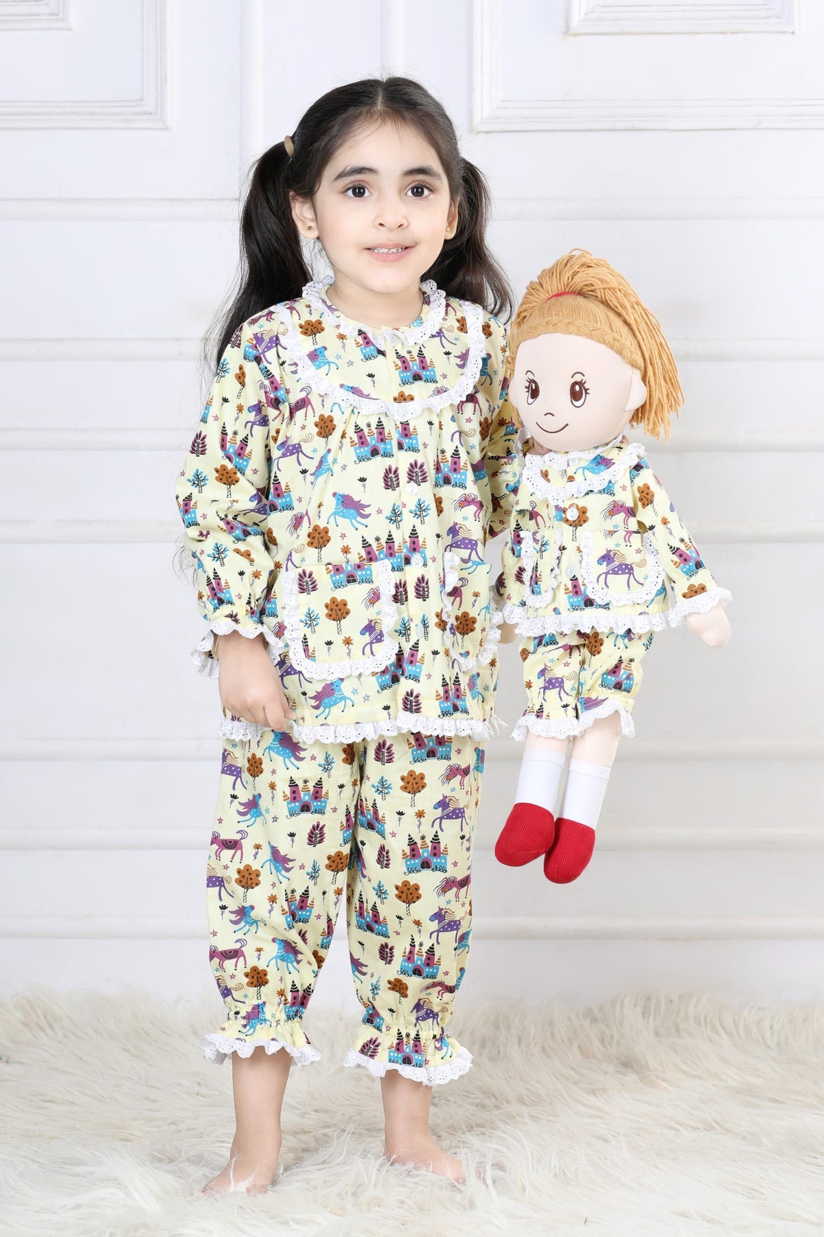 Fairytale Castle & Unicorn Capri Sleepwear Set (with Matching Doll Outfit)
