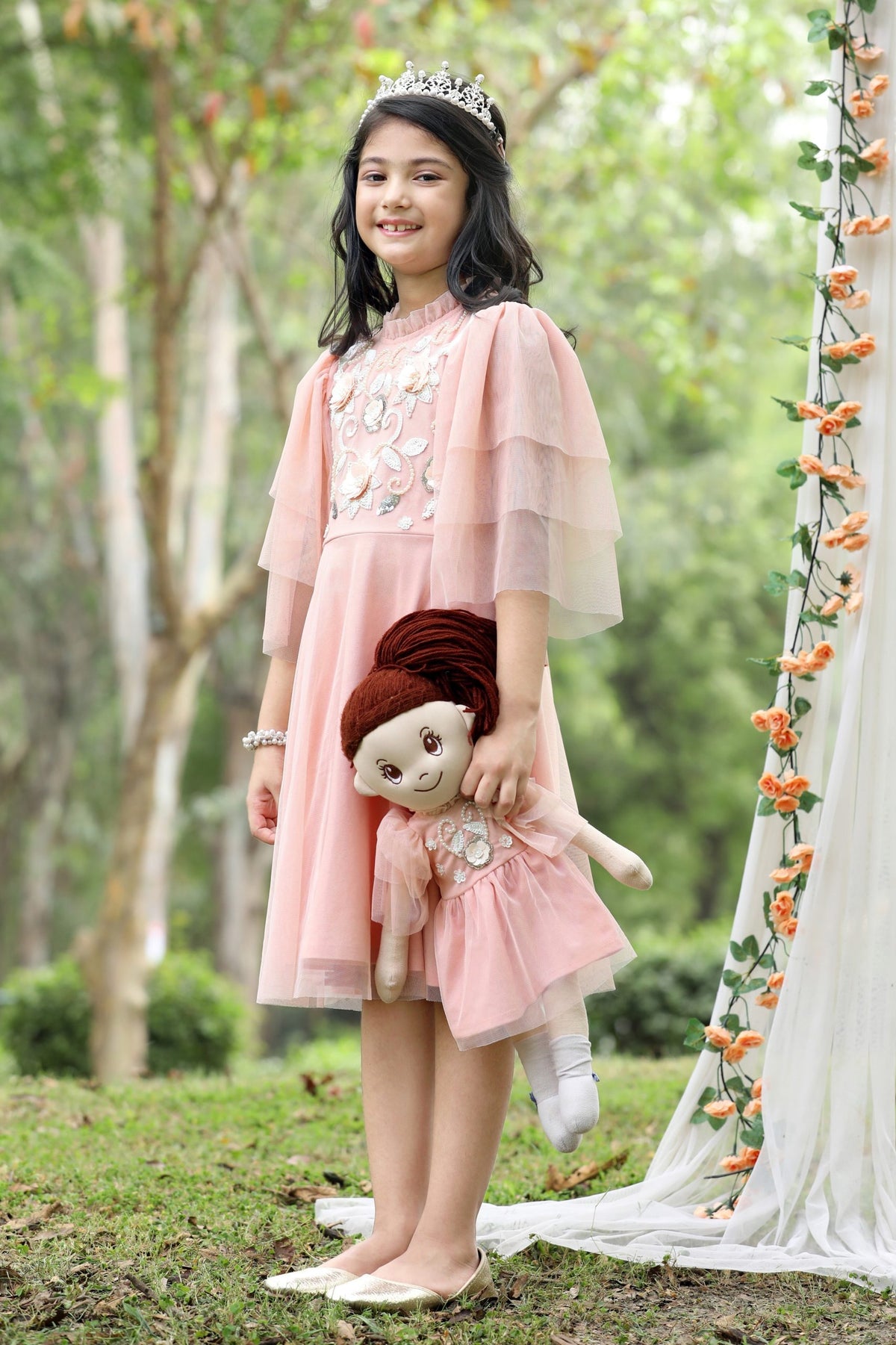 Elegant Pearl & Floral Embroidered Party Dress (with Matching Doll Outfit)