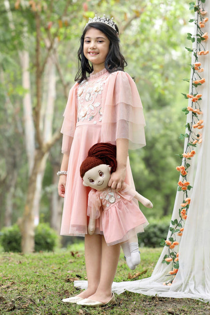 Elegant Pearl & Floral Embroidered Party Dress (with Matching Doll Outfit)