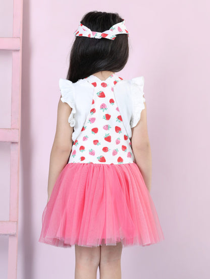 Strawberry Bliss Dungaree Net Dress Cord Set (with Matching Sun Hat)