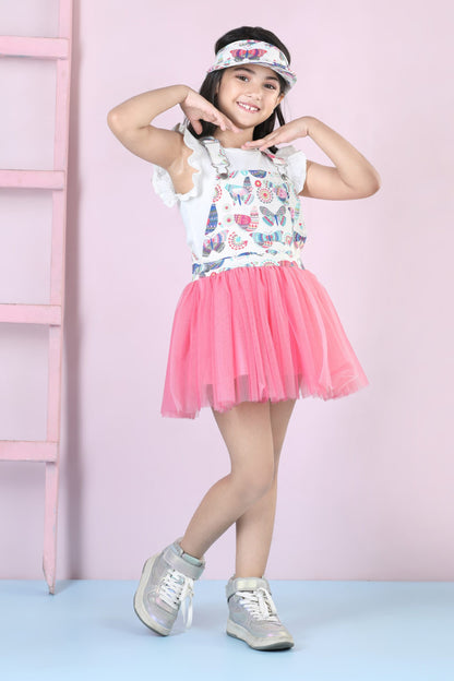 Fluttering Butterfly Dungaree Net Dress Cord Set (with Matching Sun Hat)