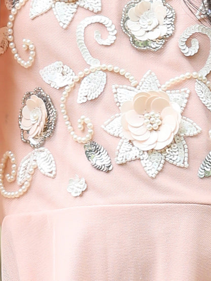 Elegant Pearl & Floral Embroidered Party Dress (with Matching Doll Outfit)