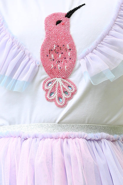 Enchanted Hummingbird Beaded Pastel Pink & Blue Tulle Skirt and Top Set (with Matching Doll Outfit)