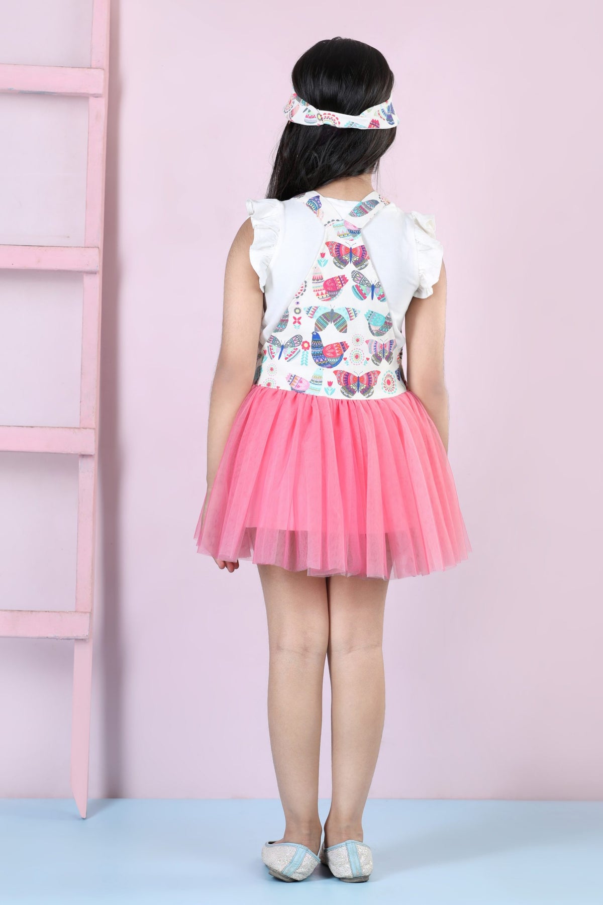 Fluttering Butterfly Dungaree Net Dress Cord Set (with Matching Sun Hat)