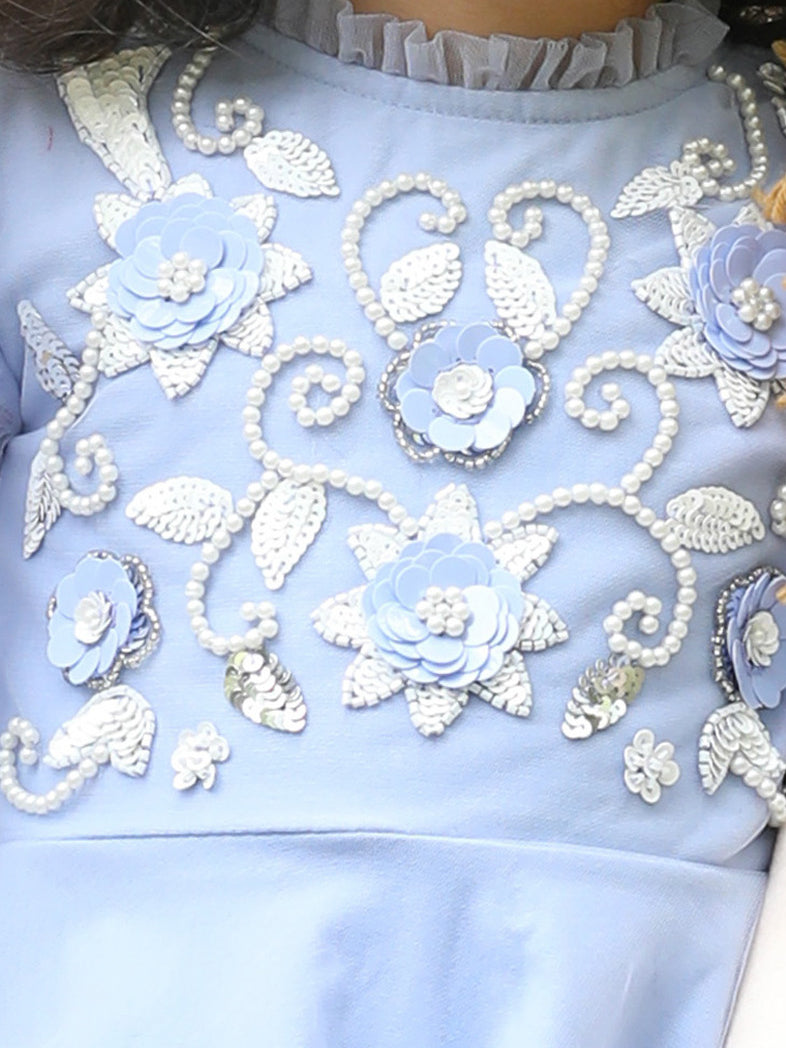 Lavender Pearl & Floral Embroidered Party Dress (with Matching Doll Outfit)