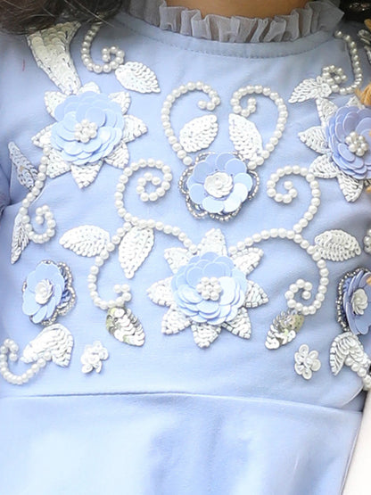 Lavender Pearl & Floral Embroidered Party Dress (with Matching Doll Outfit)