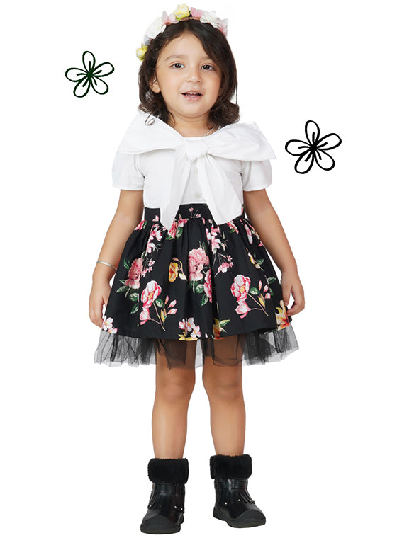 Floral bloom Bow-Front Black Party Dress