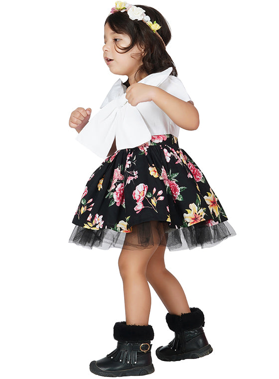 Floral bloom Bow-Front Black Party Dress