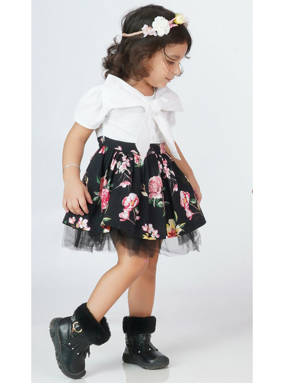 Floral bloom Bow-Front Black Party Dress
