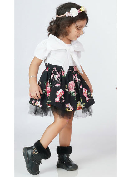 Floral bloom Bow-Front Black Party Dress