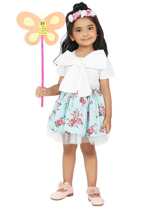 Floral bloom Bow-Front Blue Party Dress