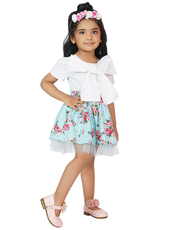 Floral bloom Bow-Front Blue Party Dress