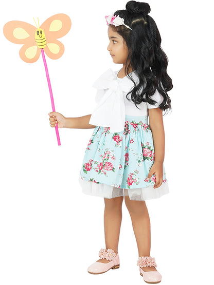 Floral bloom Bow-Front Blue Party Dress