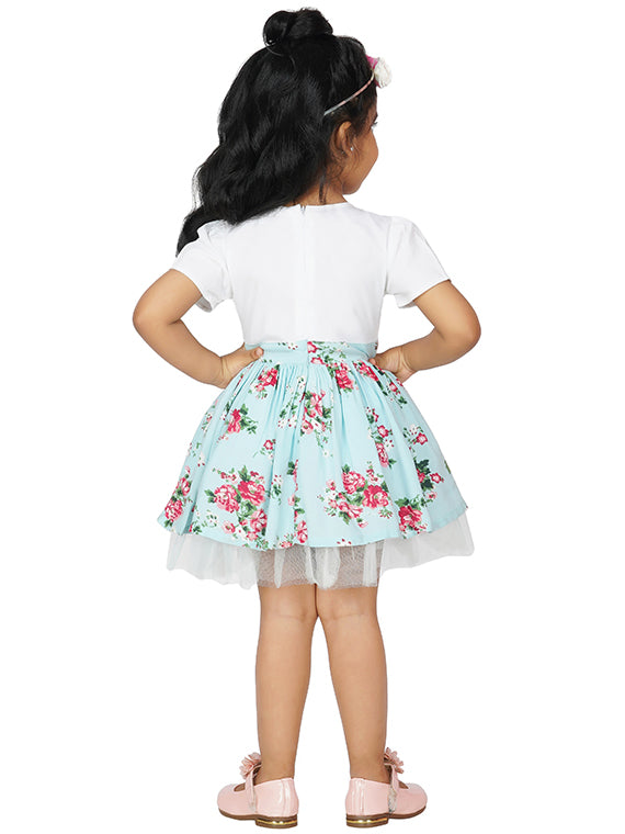 Floral bloom Bow-Front Blue Party Dress