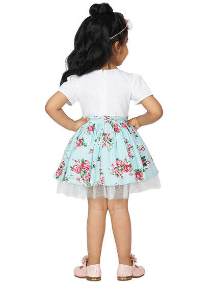 Floral bloom Bow-Front Blue Party Dress