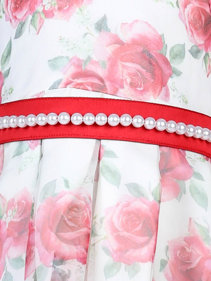 Vintage Organza Red Rose Dress with pearl belt