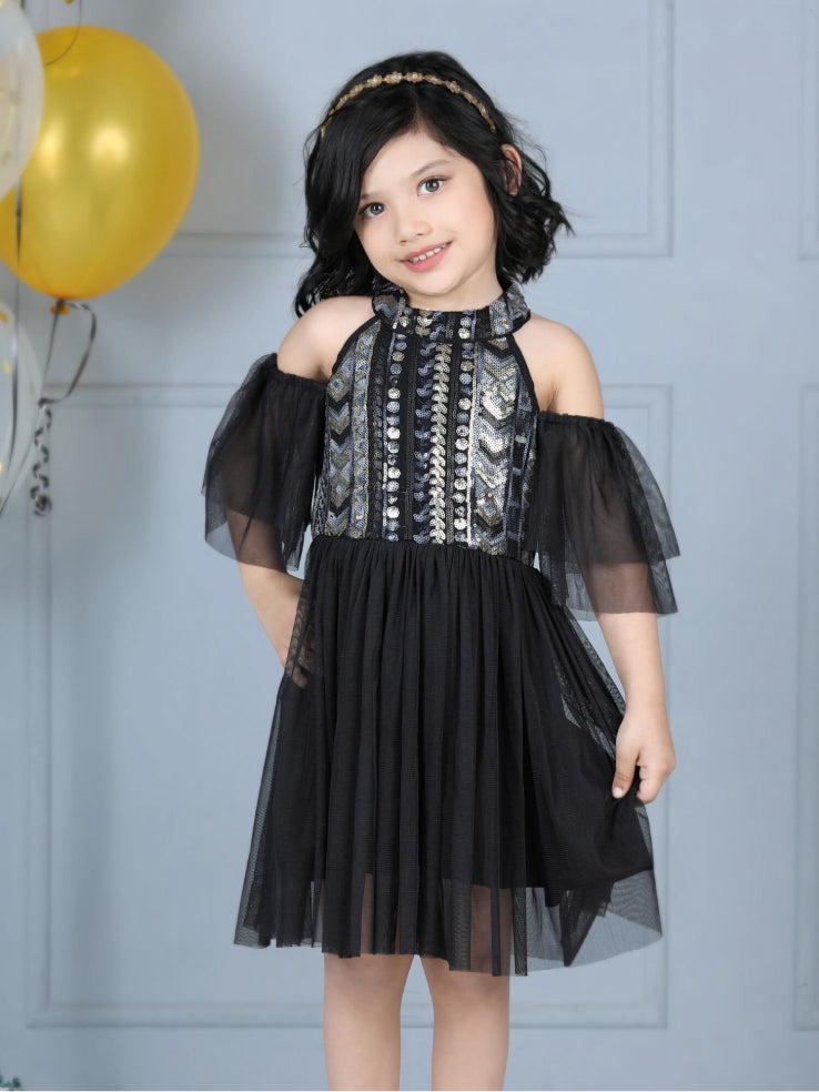 Midnight Starlet Cold-Shoulder Party Dress
