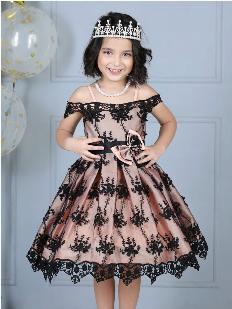 Victorian Net Embroidery Off Shoulder Party Dress with Bow Belt