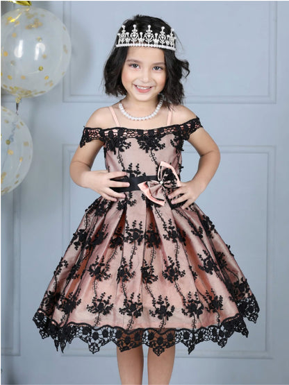 Victorian Net Embroidery Off Shoulder Party Dress with Bow Belt