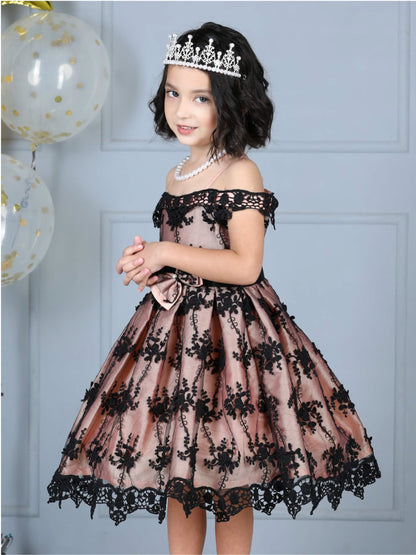 Victorian Net Embroidery Off Shoulder Party Dress with Bow Belt