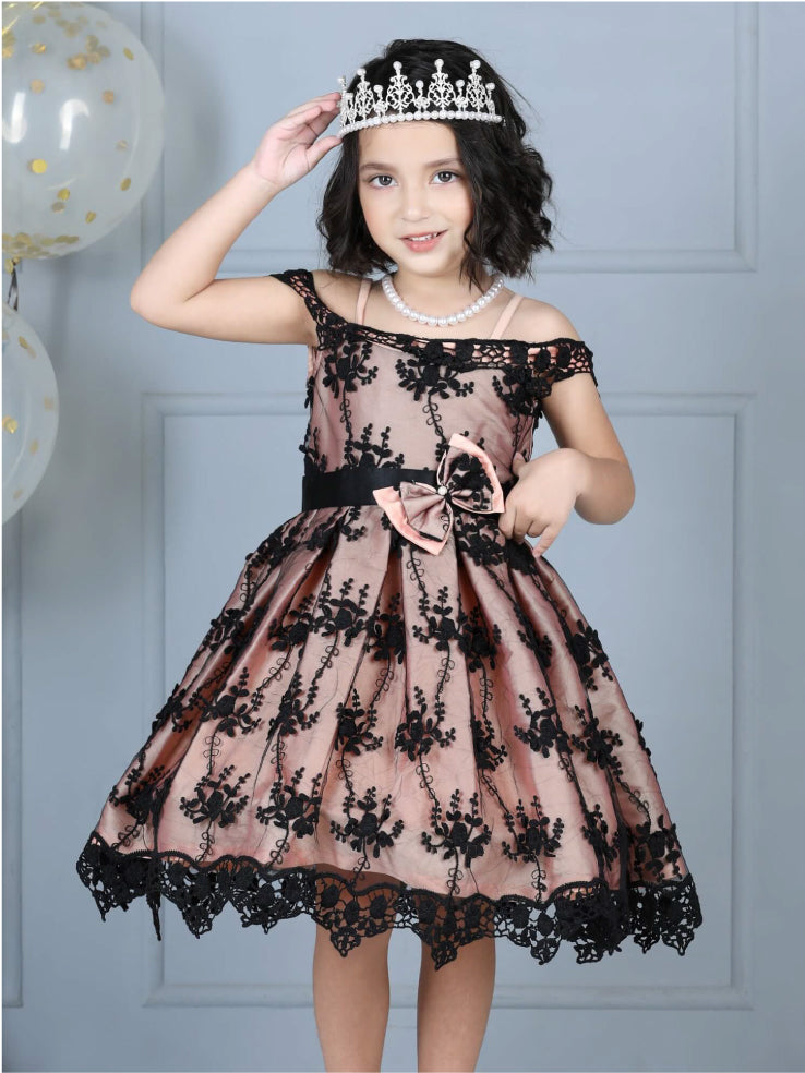 Victorian Net Embroidery Off Shoulder Party Dress with Bow Belt